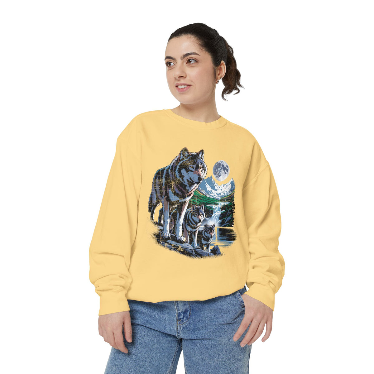 Wolf Pack Mountain Sweatshirt, Moonlit Wildlife Crewneck, Nature Lover Gift, Wilderness Forest Graphic Cozy Outdoor Pullover Unisex Top