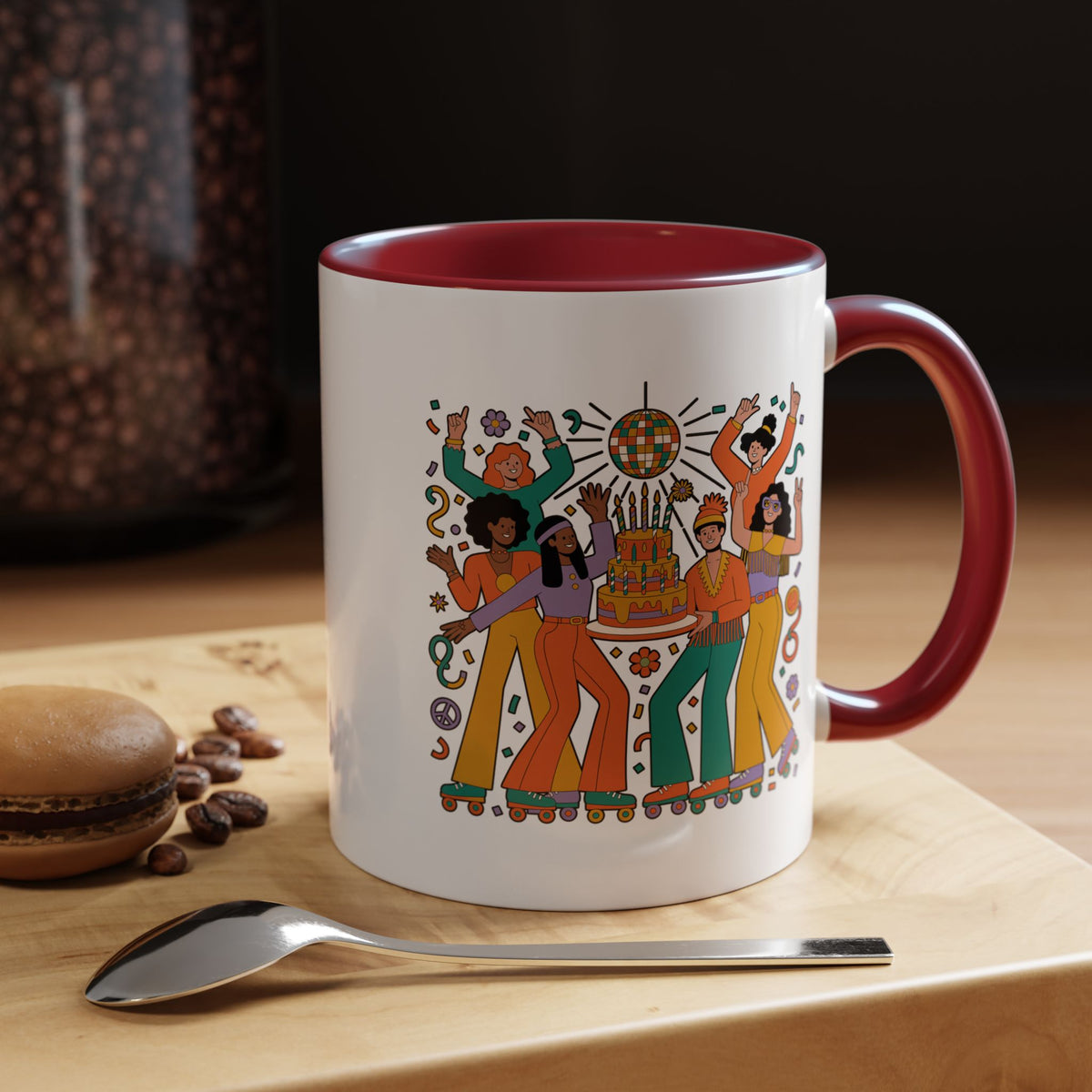 Retro Disco Birthday Coffee Mug, 70s Roller Skating Party Design, Groovy Gift for a Skater Friend Who Loves Colorful Nostalgic Drinkware