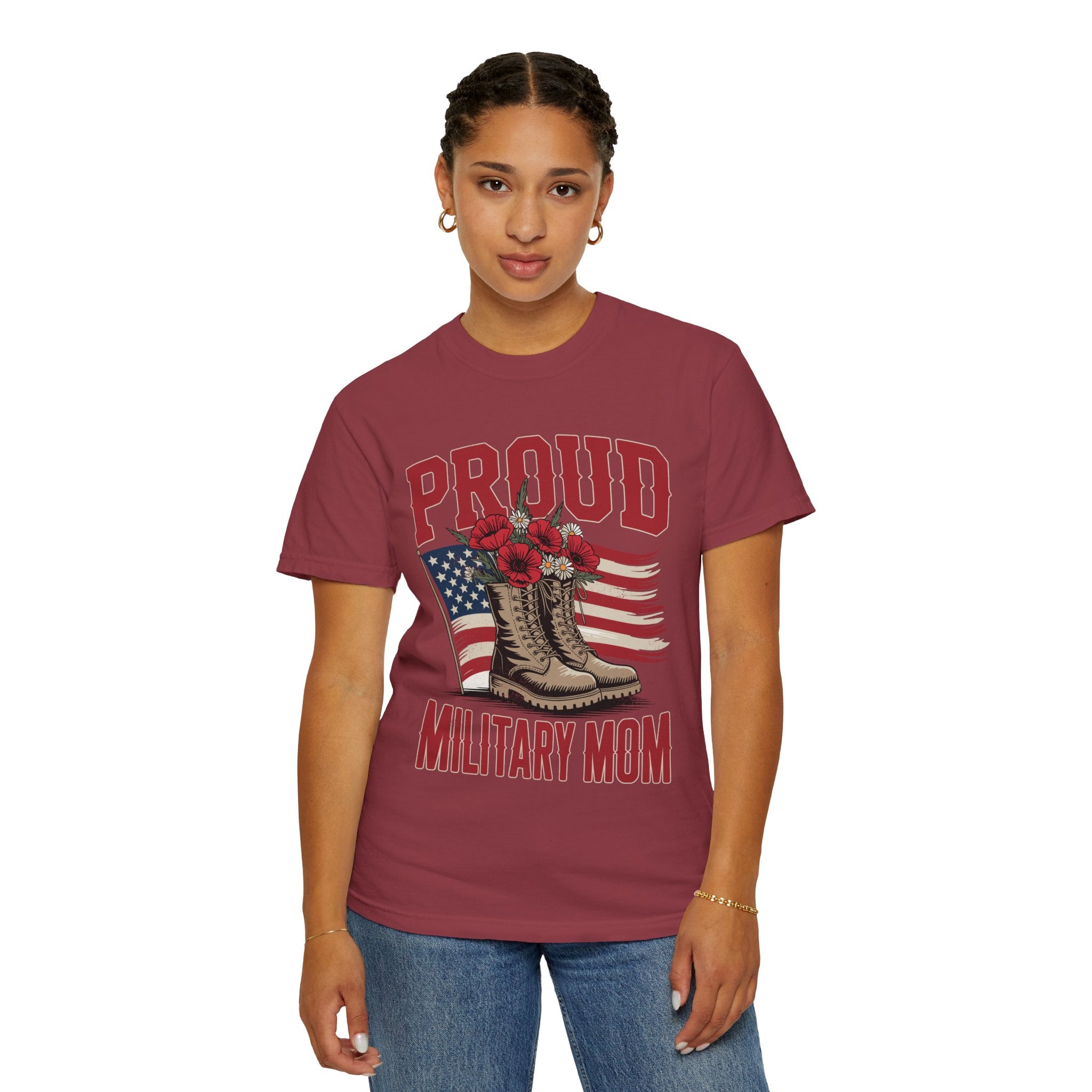 Proud Military Mom Shirt, Patriotic Army Mom T Shirt, Boots and Flowers Graphic Tee, American Flag Family Support Gift