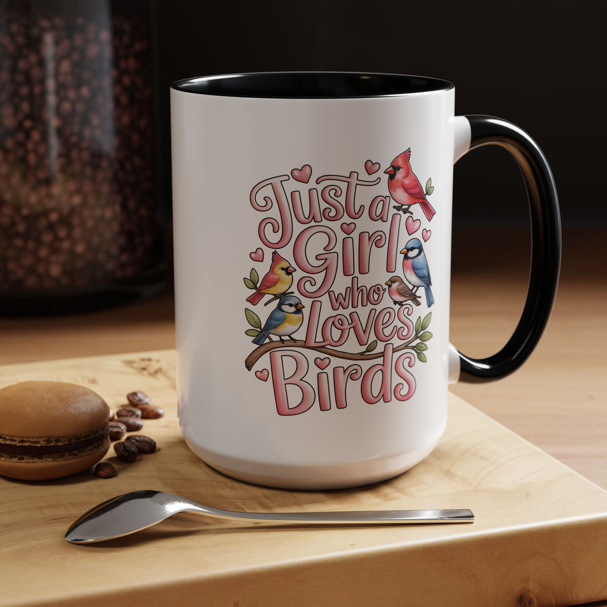 Bird Lover Coffee Mug, Just a Girl Who Loves Birds Quote, Pink Lettering and Garden Songbird Design, Birthday Gift for a Birdwatching Friend