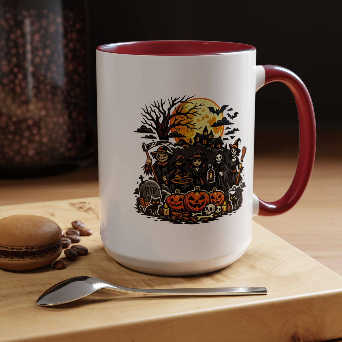Halloween Witch Coffee Mug, Spooky Reaper and Pumpkin Cup, Gothic Horror Gift for Halloween Lover, Haunted House October Drinkware