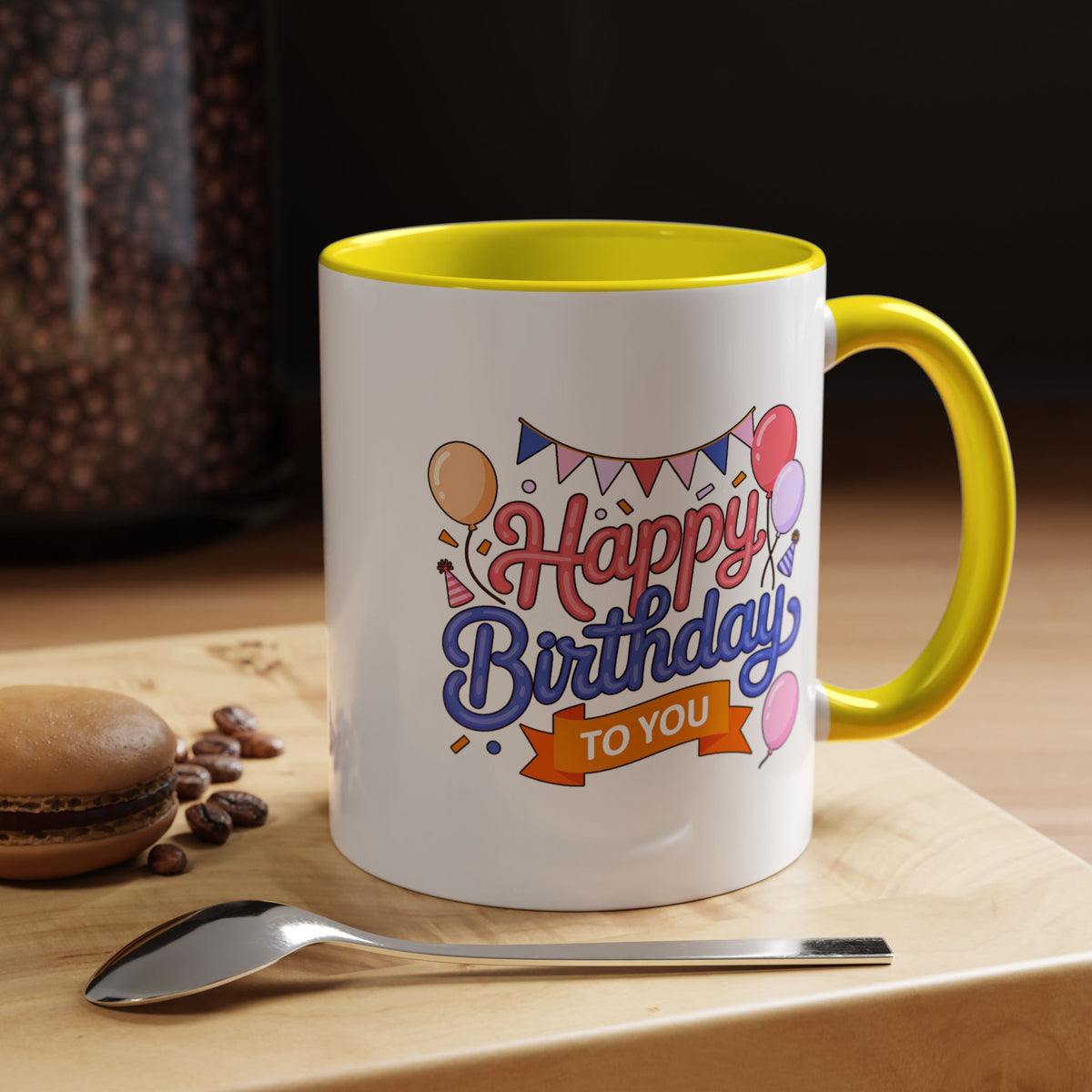 Happy Birthday to You Coffee Mug, Pink and Blue Balloons with Party Bunting, Cheerful Gift for a Sister or Best Friend's Daily Coffee Break