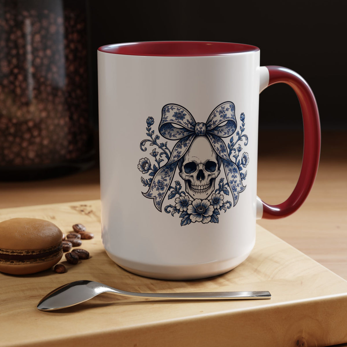 Blue Floral Skull Mug, Gothic Coquette Bow Coffee Cup, Alternative Halloween Gift for Her, Dark Academia Kitchen Decor, Spooky Present