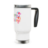 Happy Birthday Travel Mug with Handle, Pastel Balloons and Cupcake Design, Cheerful Coffee Lover Gift for a Friend or Coworker's Workday