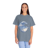 Great Wave Teacup Shirt, Japanese Art Inspired Ocean Graphic, Gift for Tea Lovers and Coastal Art Fans, Casual Cafe Weekend Outfit