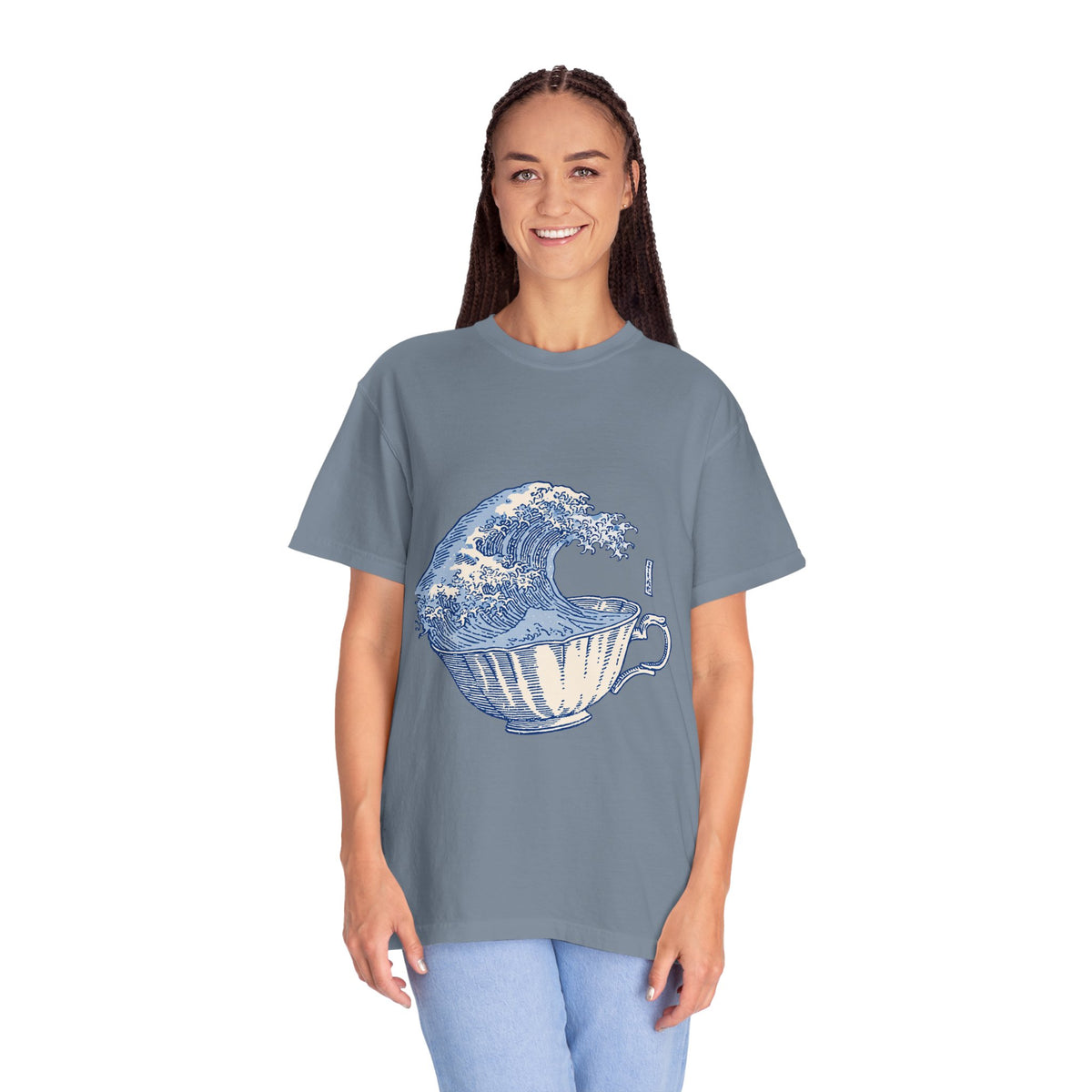 Great Wave Teacup Shirt, Japanese Art Inspired Ocean Graphic, Gift for Tea Lovers and Coastal Art Fans, Casual Cafe Weekend Outfit