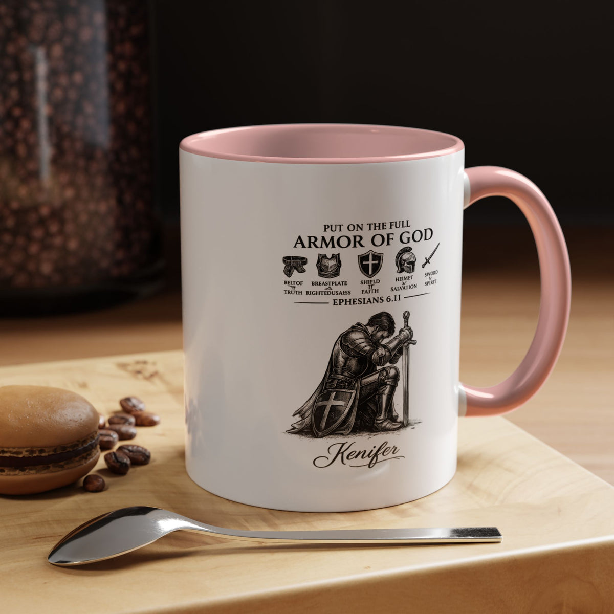 Full Armor of God Coffee Mug with Name, Personalized Christian Knight Gift for Men, Inspirational Scripture Ceramic Tea Cup, Religious Faith Present