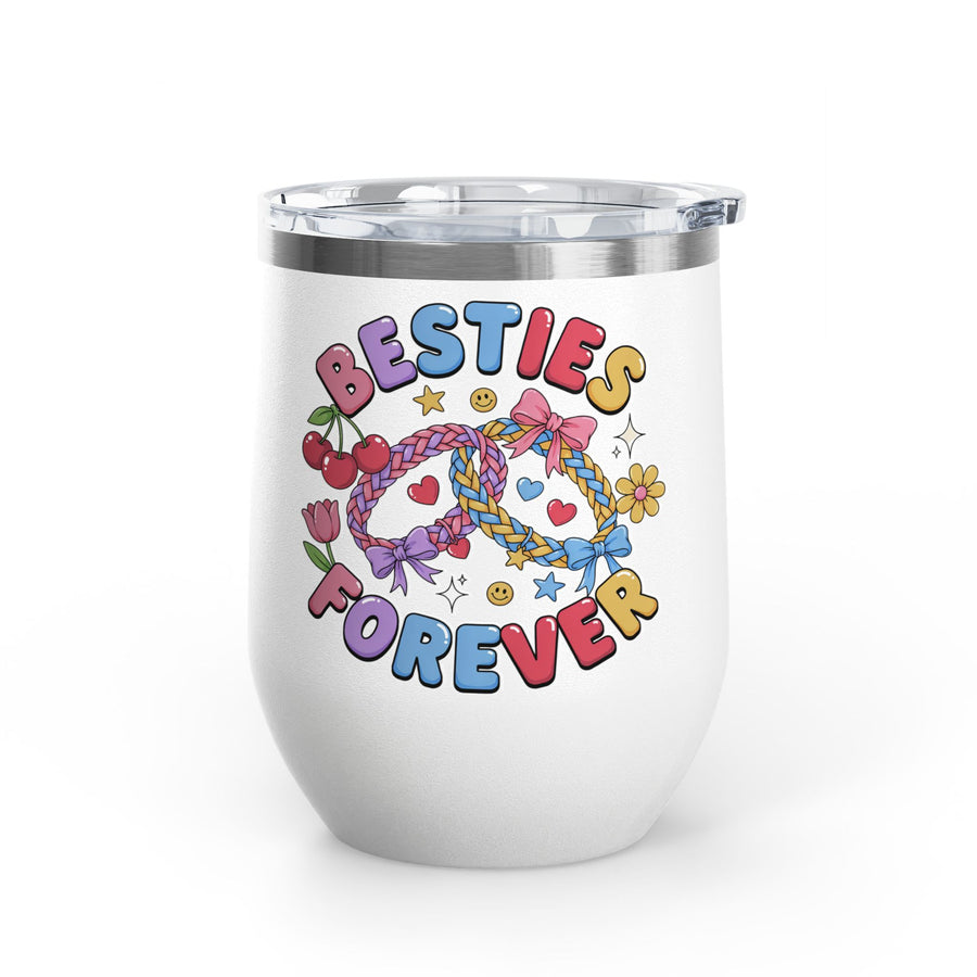 A white stainless steel stemless wine tumbler with a clear push-on lid, printed with "BESTIES FOREVER" in colorful bubble lettering around two linked braided friendship bracelets with bows, hearts, cherries, stars and smiley faces.