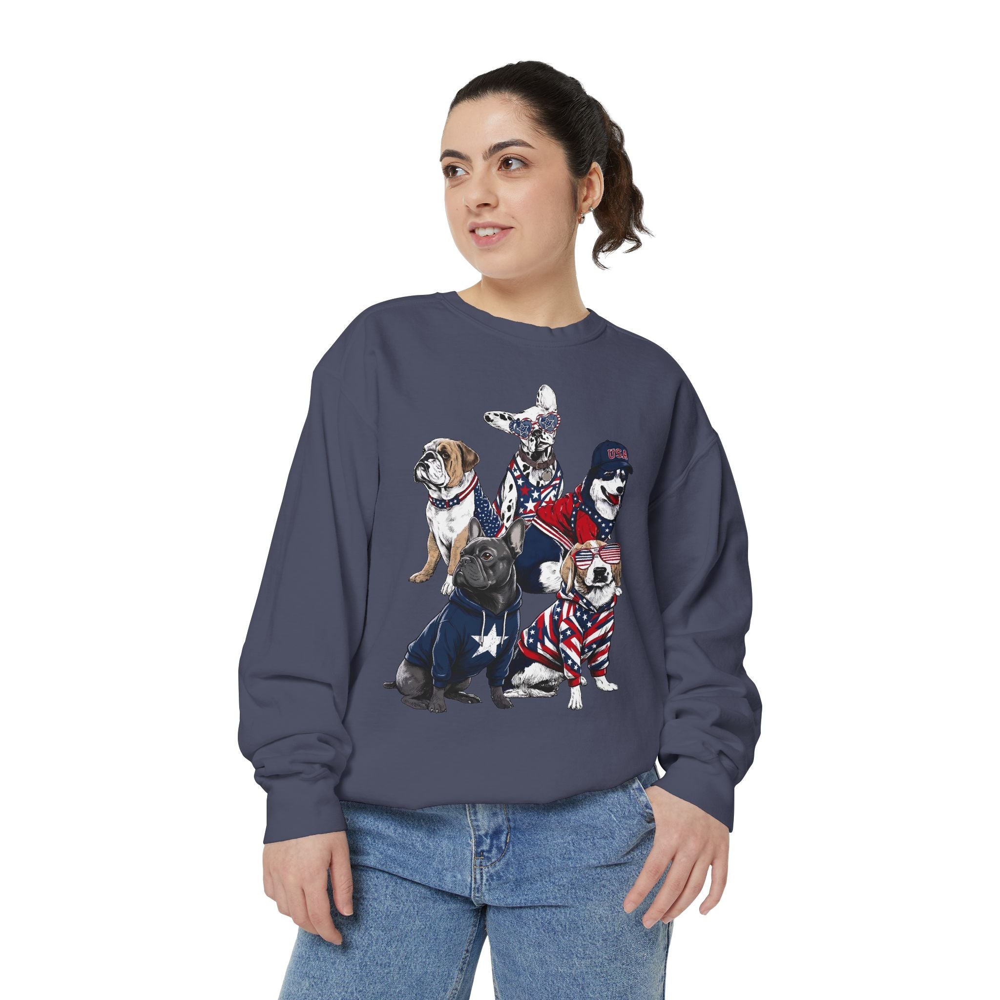 Patriotic Dog Lover Comfort Sweatshirt, USA Dogs Crewneck Sweatshirt, Fourth of July Pet Lover Gift, American Flag Puppy Sweatshirt