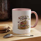 Book Lover Coffee Mug, Time to Escape Black Accent Cup with Books and Tea, Unique Cozy Gift for Reader, Librarian, Teacher or Bookworm