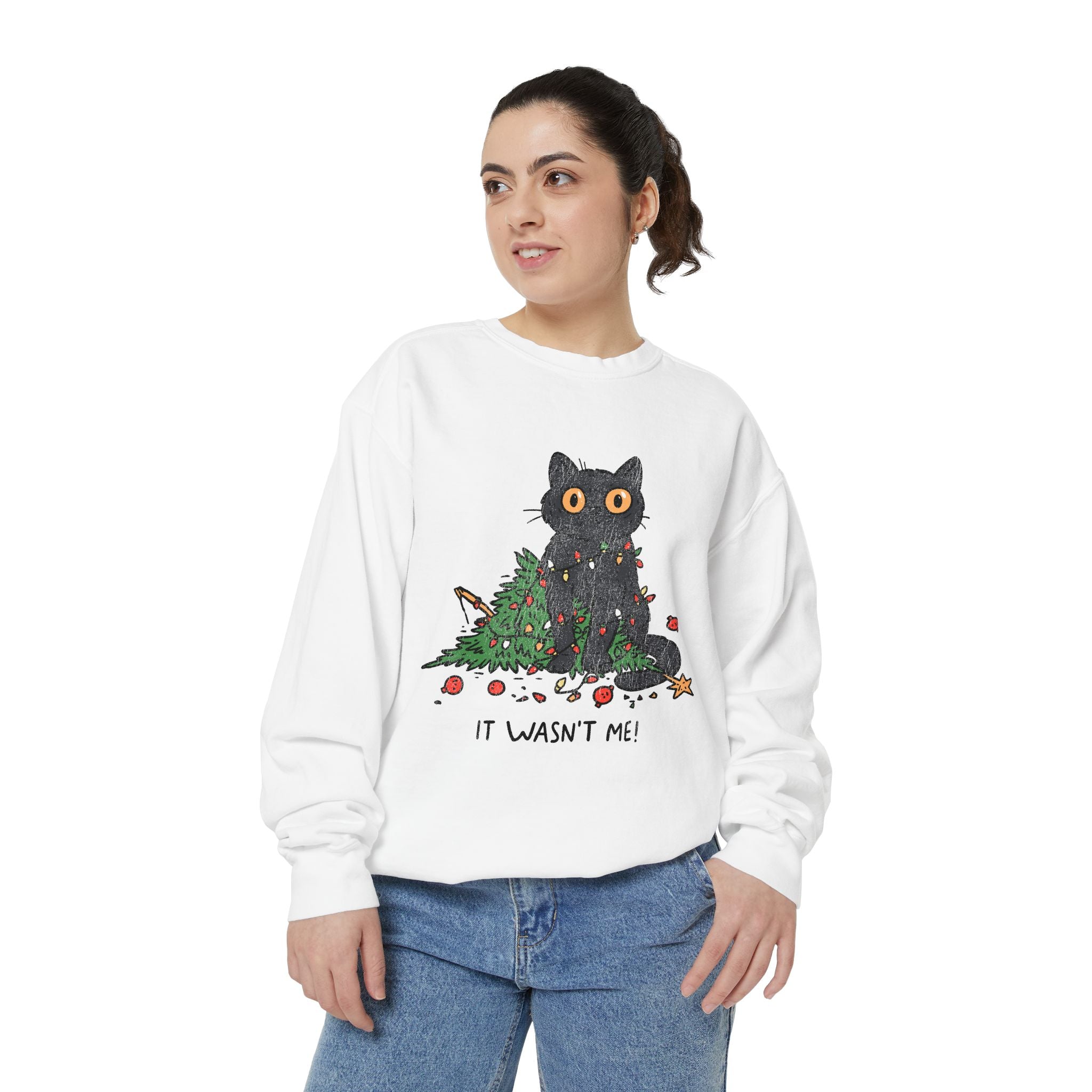 It Wasn't Me Black Cat Christmas Sweatshirt, Funny Holiday Crewneck, Mischievous Kitty Lights Pullover, Gift for Cat Mom or Cat Dad
