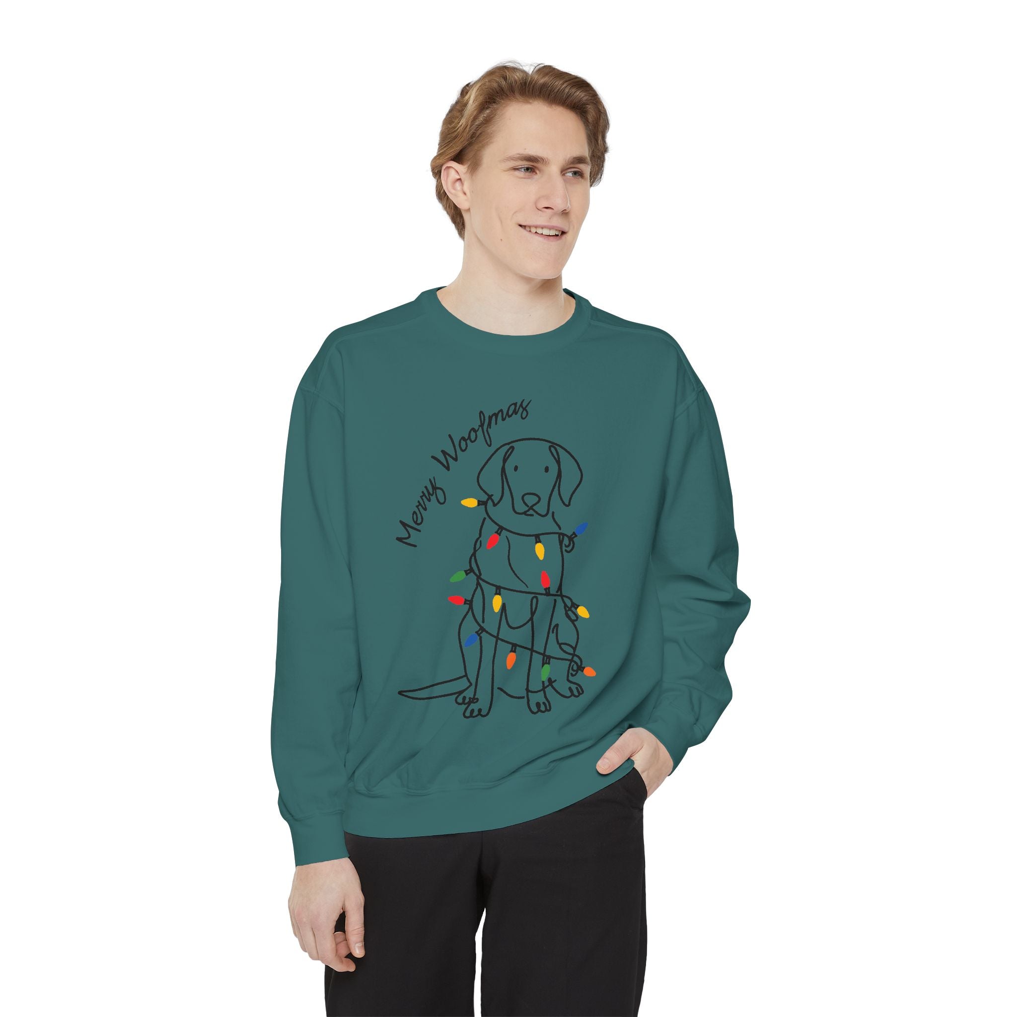 Merry Woofmas Dog Sweatshirt, Funny Christmas Puppy Crewneck, Holiday Lights Pet Lover Pullover, Cute Christmas Gift for Dog Mom or Dog Dad