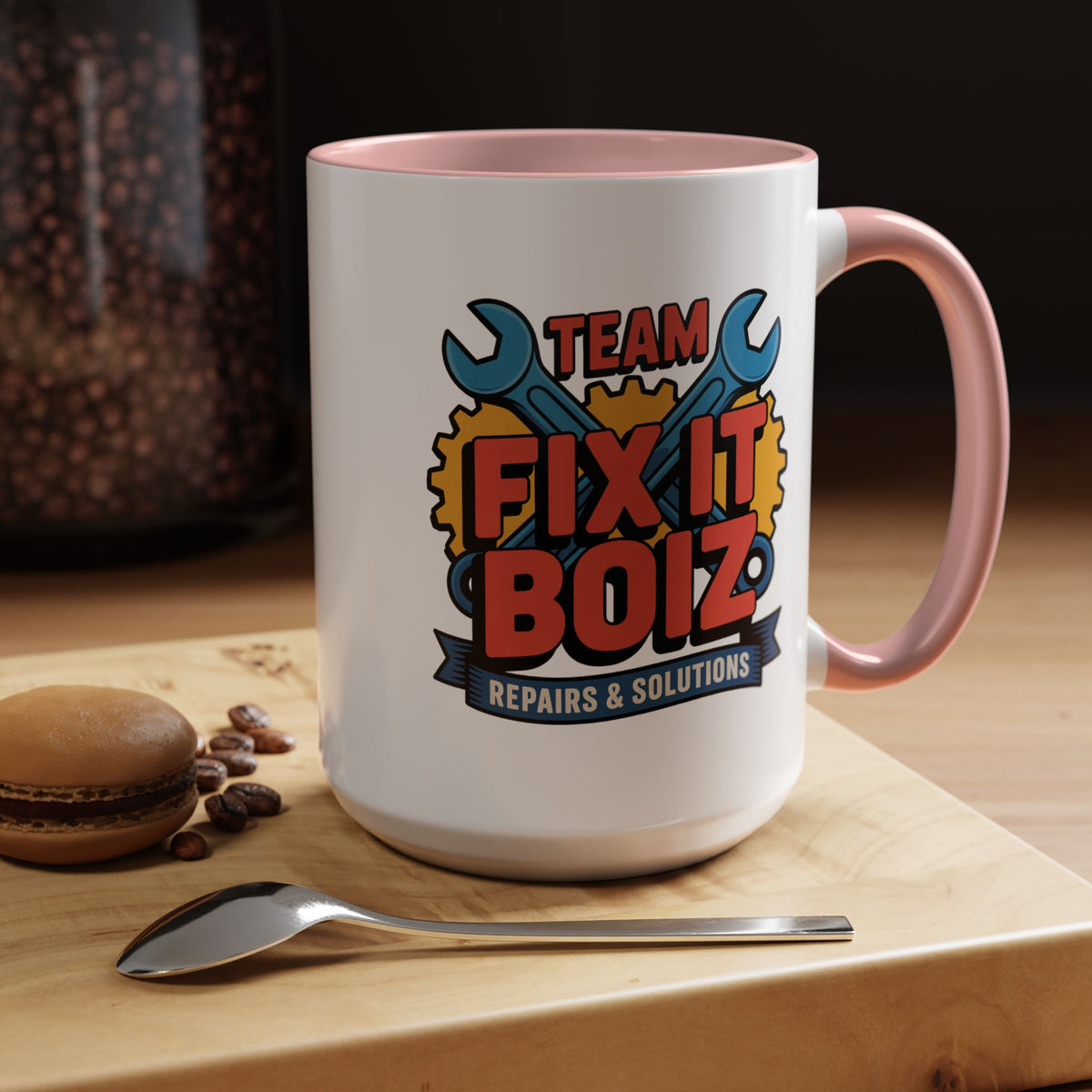 Mechanic Coffee Mug, Team Fix It Boiz Wrench and Gear Design, Handyman Gift for Dad or a Repair Crew Coworker, Workshop Coffee Break Cup