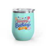 Happy Birthday to You Wine Tumbler, Pink and Blue Balloons with Party Bunting, Colorful Drinkware Gift for a Sister or Best Friend's Party