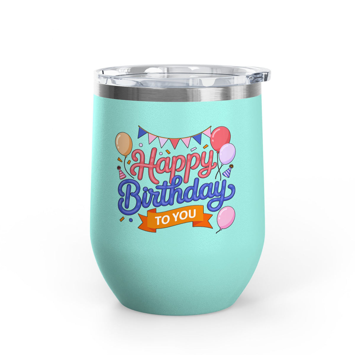 Happy Birthday to You Wine Tumbler, Pink and Blue Balloons with Party Bunting, Colorful Drinkware Gift for a Sister or Best Friend's Party