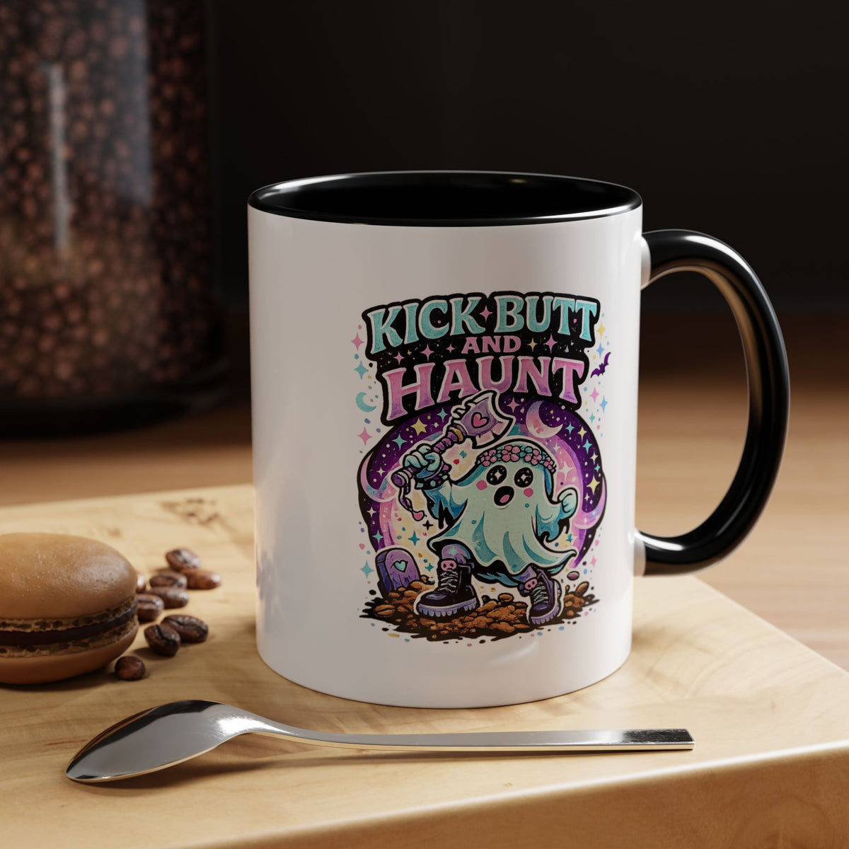 Kick Butt and Haunt Mug, Cute Pastel Ghost Black Accent Coffee Cup, Unique Funny Halloween Gift for Her, Spooky Bestie or Pastel Goth