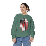 God Bless America Sweatshirt, Distressed American Flag and Cross Graphic, Patriotic Christian Gift for Church Events and Everyday Faith