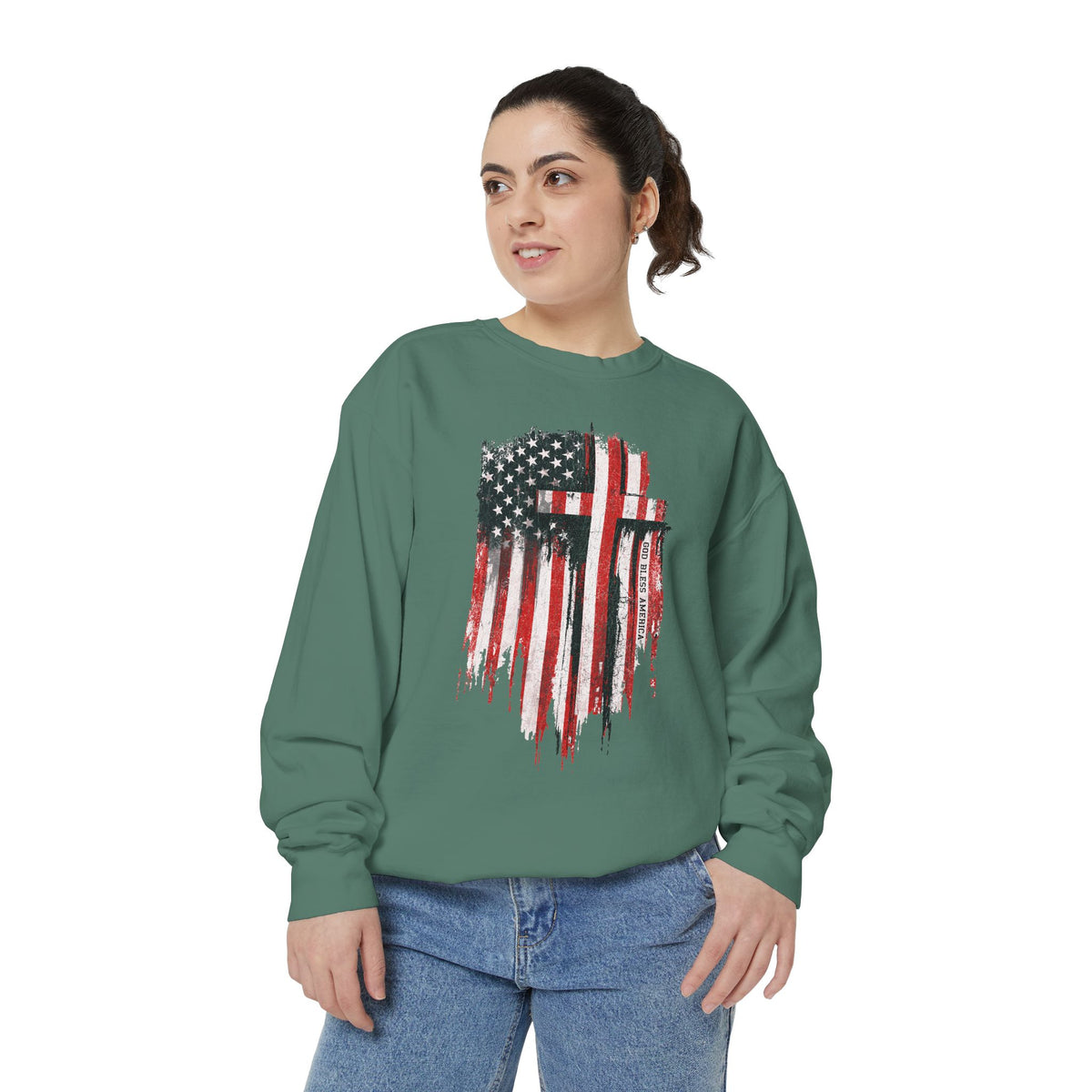 God Bless America Sweatshirt, Distressed American Flag and Cross Graphic, Patriotic Christian Gift for Church Events and Everyday Faith