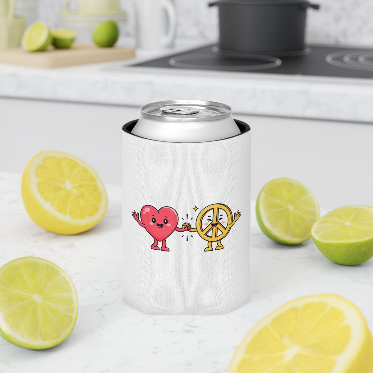 Heart and Peace Sign Can Cooler, Cute Love and Peace Drink Sleeve, Retro Couple Gift, Fun Summer Party Favor