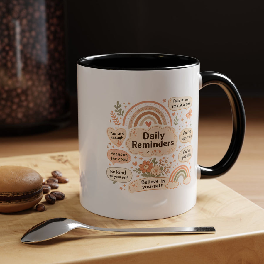 Daily Reminders Coffee Mug, Mental Health Affirmation Gift for Her, Cute Boho Rainbow Self Care Aesthetic Ceramic Tea Cup with Pink Handle
