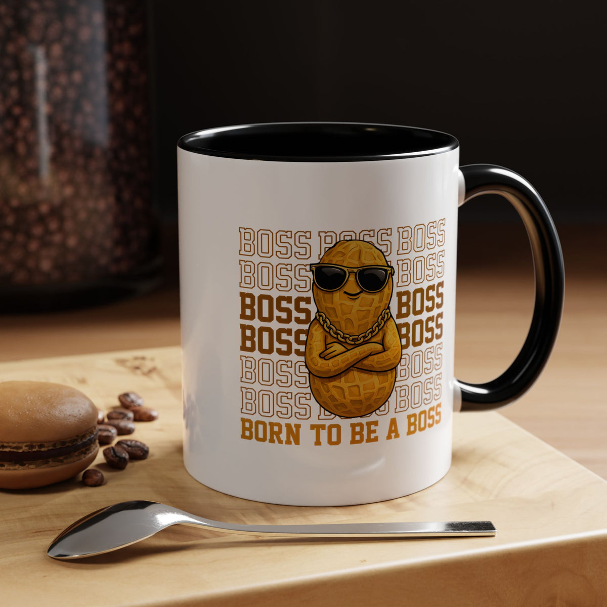 Born To Be A Boss Coffee Mug, Funny Peanut Office Joke Gift for Coworkers, Sarcastic Corporate Manager Ceramic Tea Cup with Orange Handle