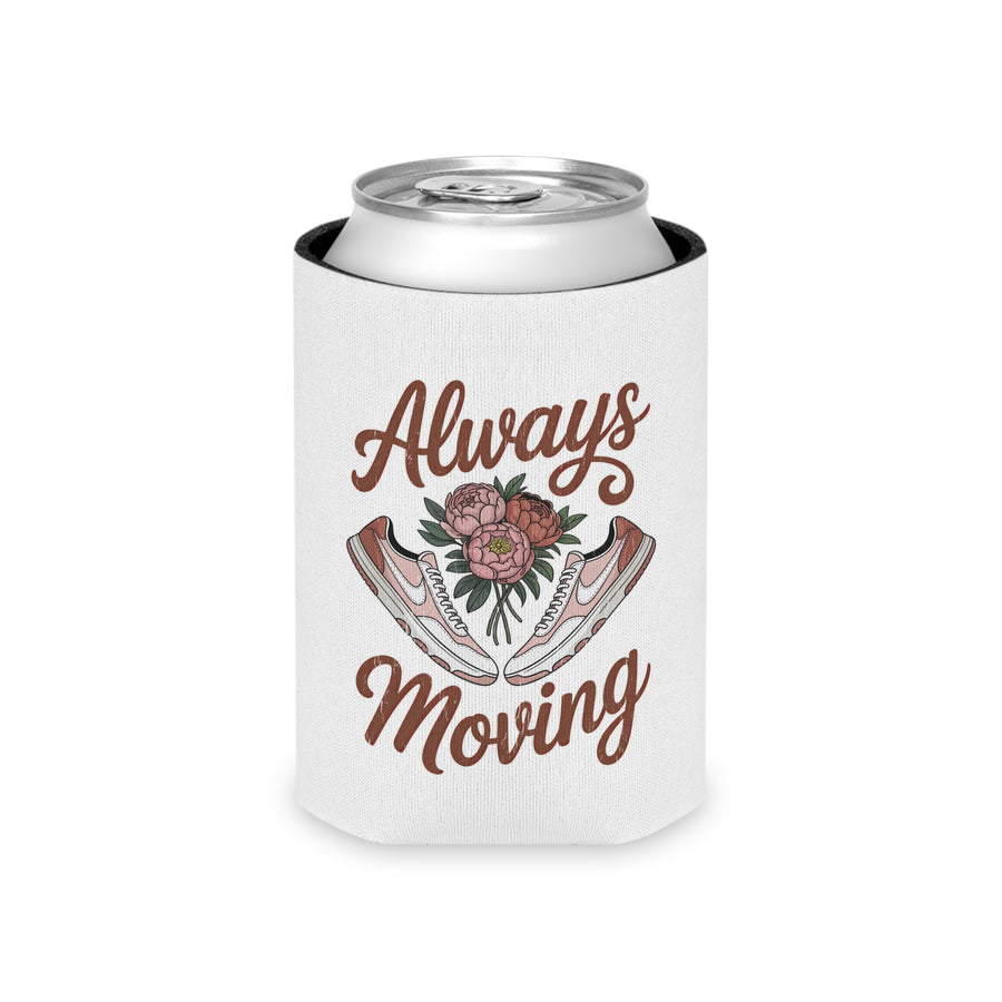 A white can cooler on a drink can, printed with "Always Moving" in brown script around a bouquet of pink peonies between a pair of pink and white sneakers.