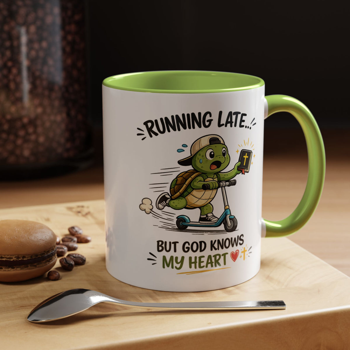 Christian Turtle Coffee Mug, Running Late But God Knows My Heart Mug, Funny Faith Based Mug, Christian Gift for Friends, Bible Lover Cup