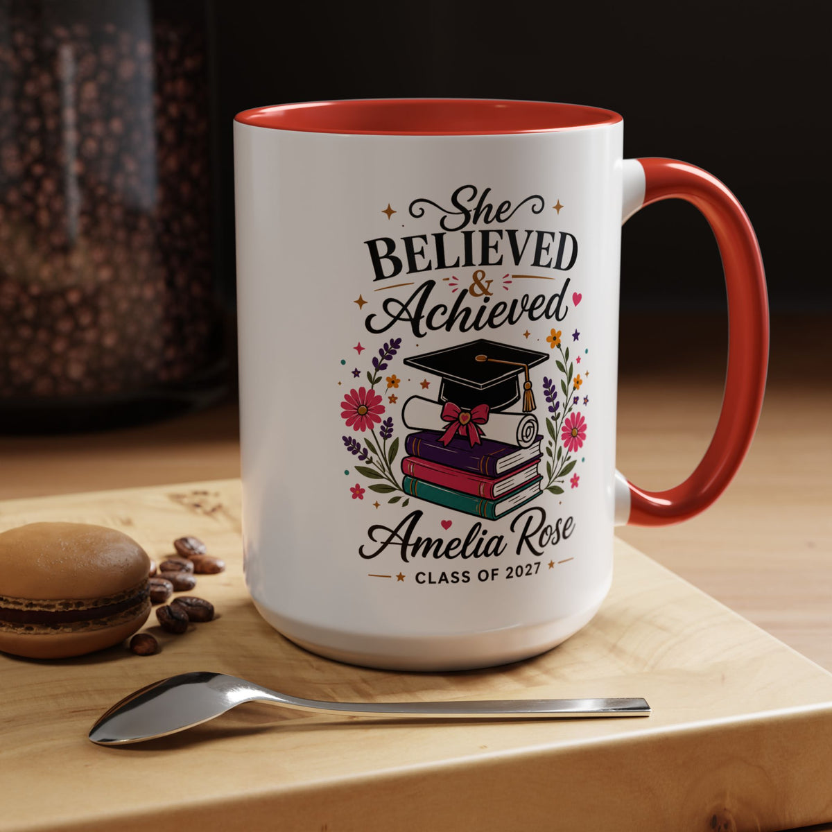 Personalized Graduation Mug for Her, She Believed and Achieved Coffee Cup, Custom Name Class of 2027 Gift, Floral Graduation Keepsake