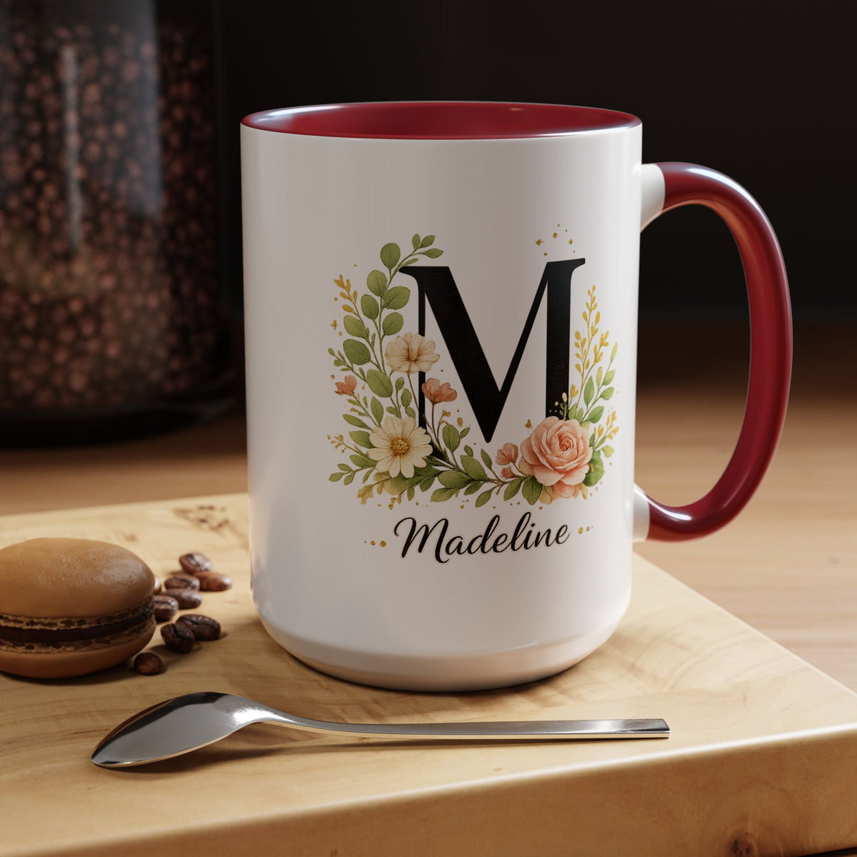 Personalized Floral Monogram Mug, Custom Initial Coffee Mug with Name, Elegant Botanical Gift for Women, Bridesmaid Birthday Gift