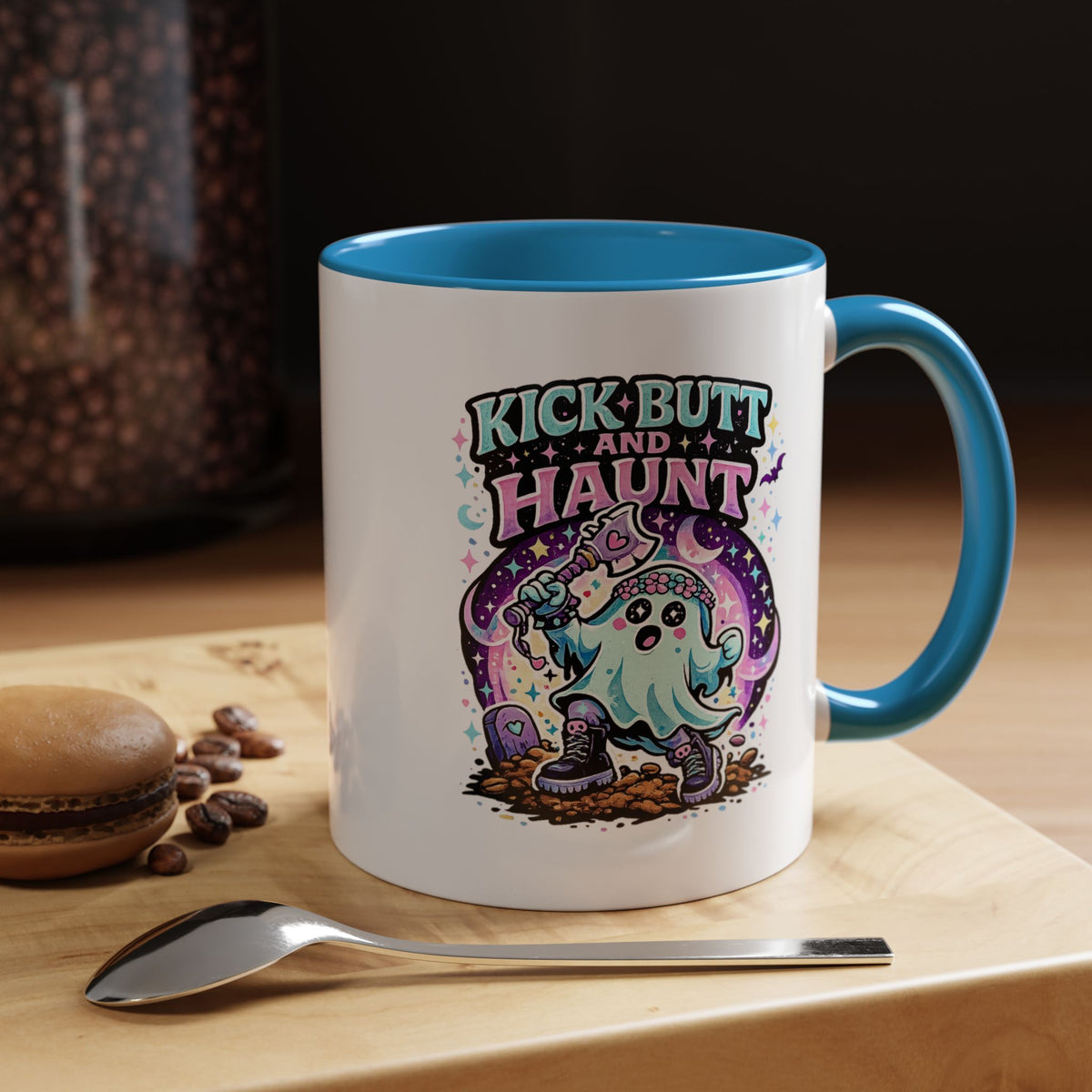 Kick Butt and Haunt Mug, Cute Pastel Ghost Black Accent Coffee Cup, Unique Funny Halloween Gift for Her, Spooky Bestie or Pastel Goth