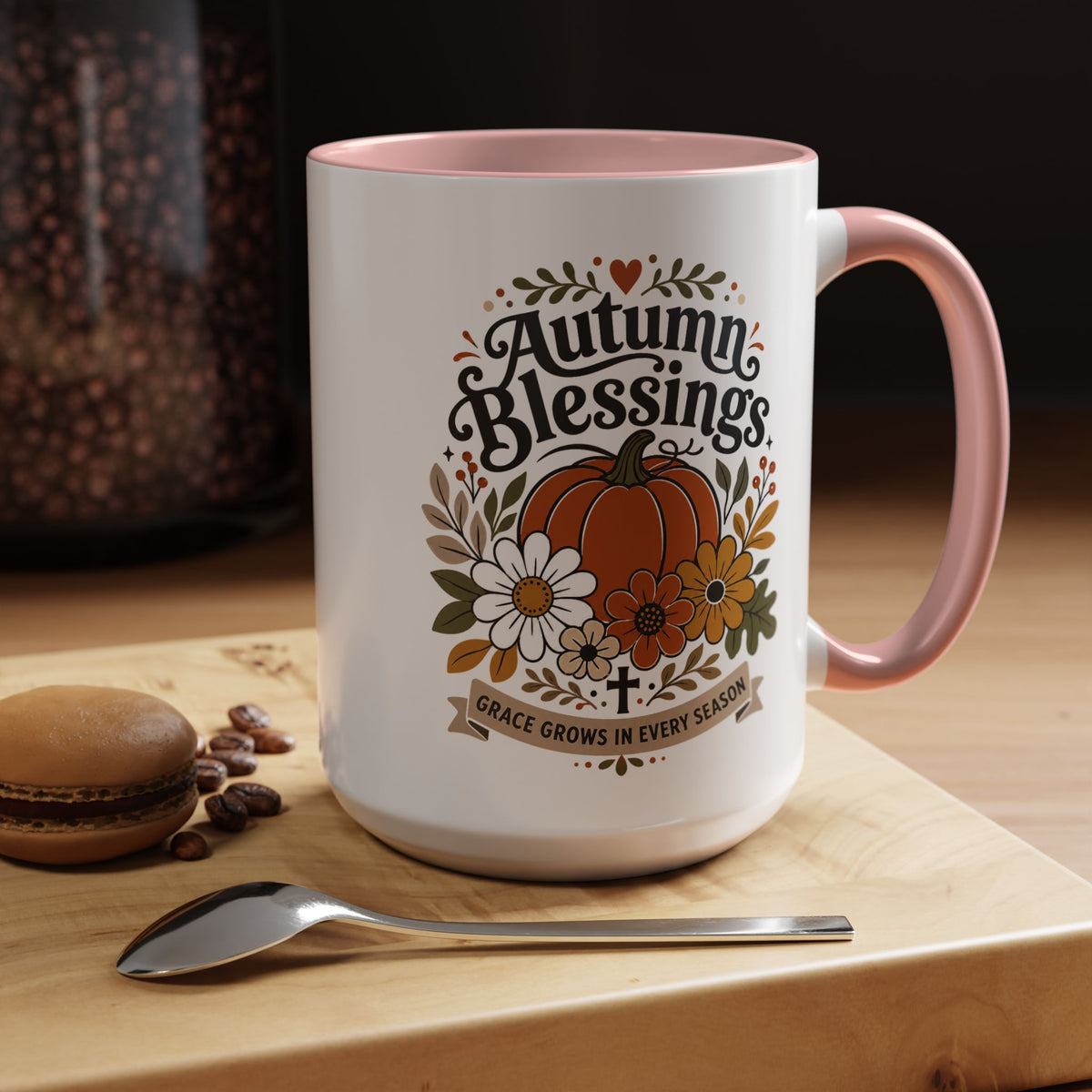 Autumn Blessings Christian Mug, Grace Grows in Every Season Coffee Cup, Faith Based Fall Gift, Floral Pumpkin Thanksgiving Decor