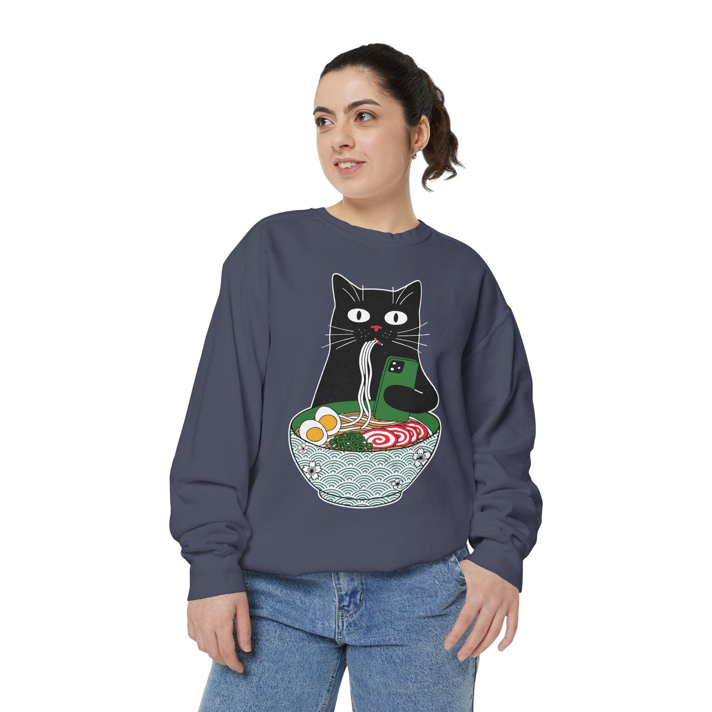 Ramen Cat Comfort Colors Sweatshirt, Funny Cat Eating Noodles Shirt, Cat Lover Graphic Crewneck, Foodie Gift Idea