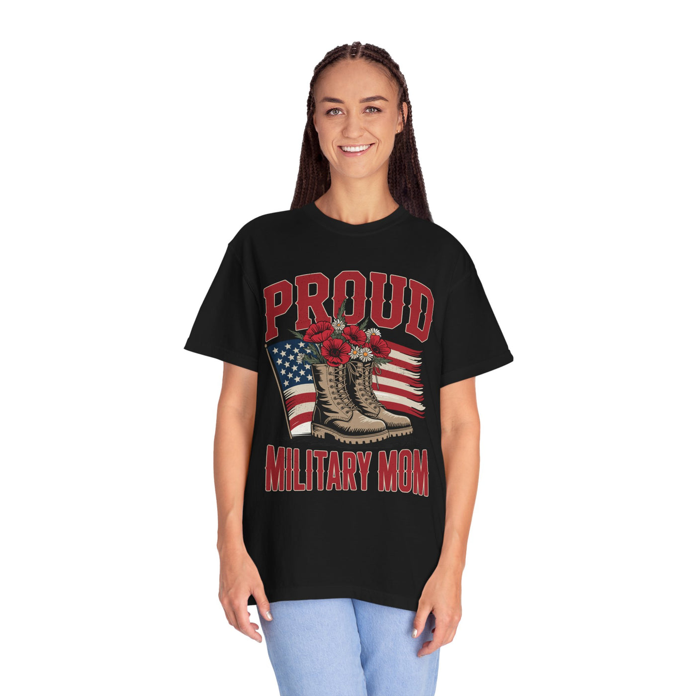 Proud Military Mom Shirt, Patriotic Army Mom T Shirt, Boots and Flowers Graphic Tee, American Flag Family Support Gift