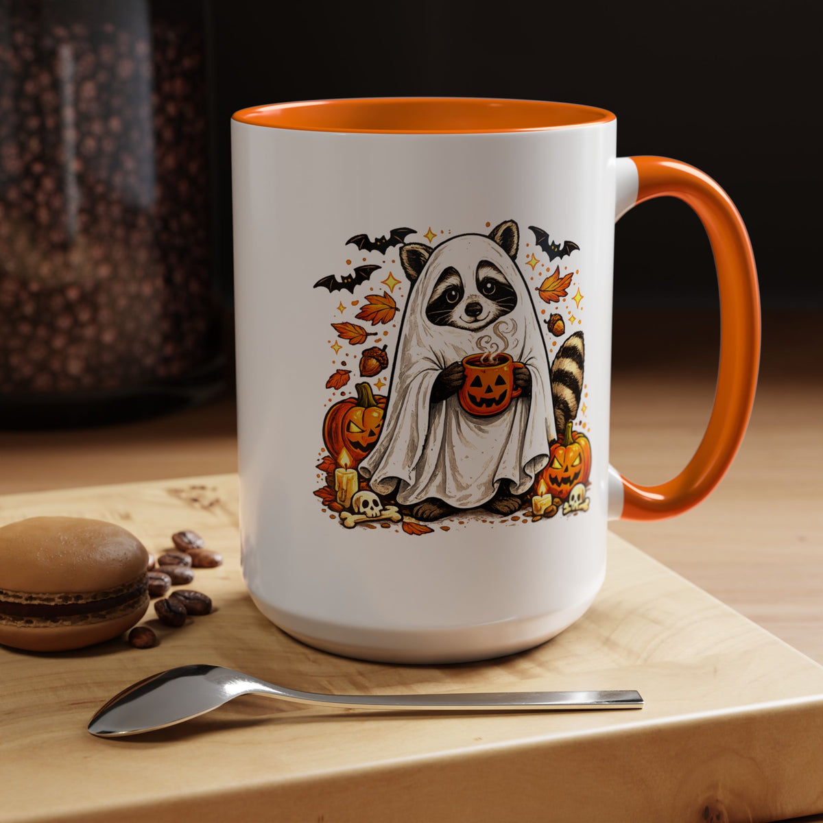 Cute Raccoon Halloween Mug, Ghost Costume Coffee Cup, Spooky Pumpkin Gift for Animal Lover, Fall Birthday or October Office Desk Decor