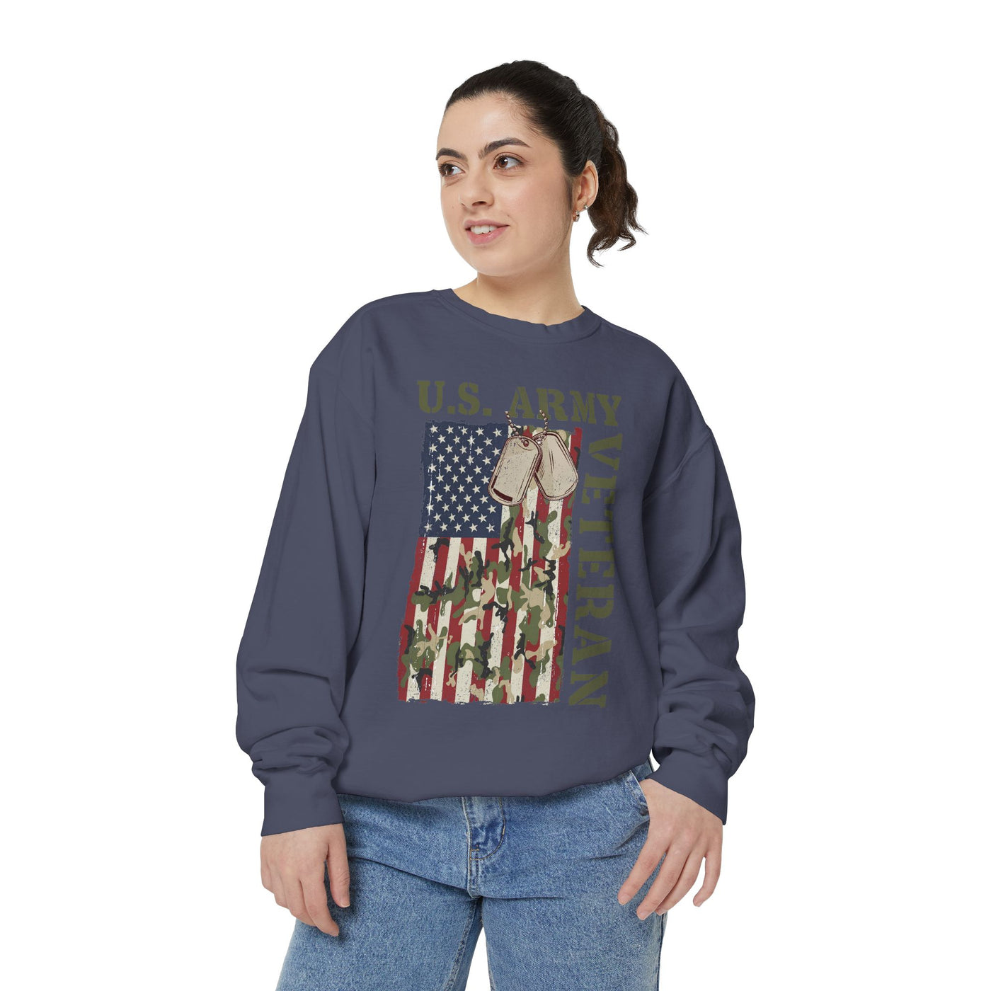 US Army Veteran Sweatshirt, American Flag Camo Crewneck, Military Dog Tag Pullover, Patriotic Soldier Gift, Retirement or Veterans Day Top