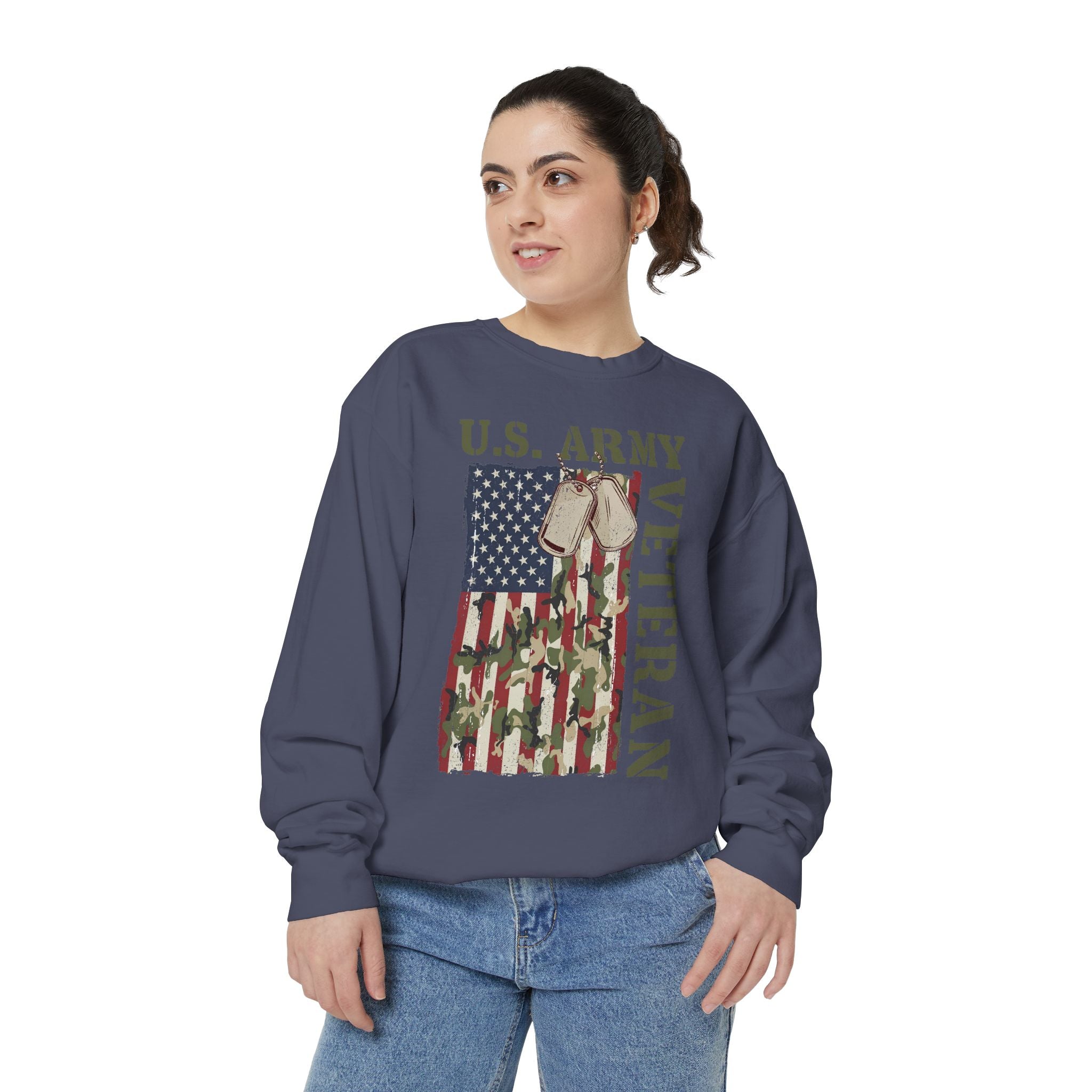 US Army Veteran Sweatshirt, American Flag Camo Crewneck, Military Dog Tag Pullover, Patriotic Soldier Gift, Retirement or Veterans Day Top