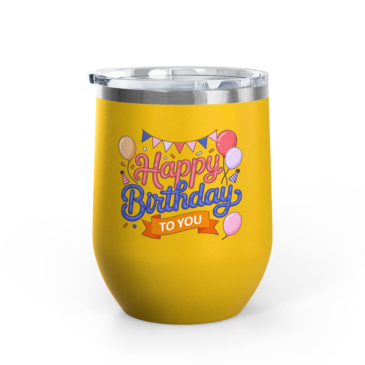 Happy Birthday to You Wine Tumbler, Pink and Blue Balloons with Party Bunting, Colorful Drinkware Gift for a Sister or Best Friend's Party