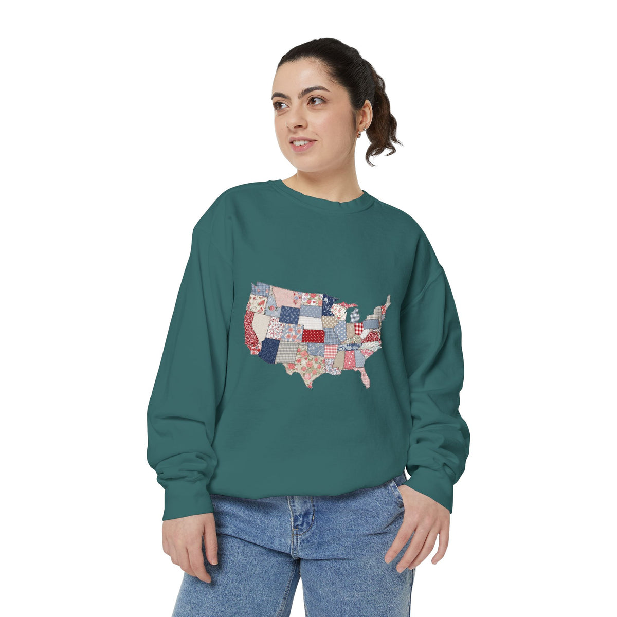 Patchwork USA Map Comfort Sweatshirt, Quilted America Crewneck Sweatshirt, Patriotic Americana Gift, Fourth of July Comfort Sweatshirt