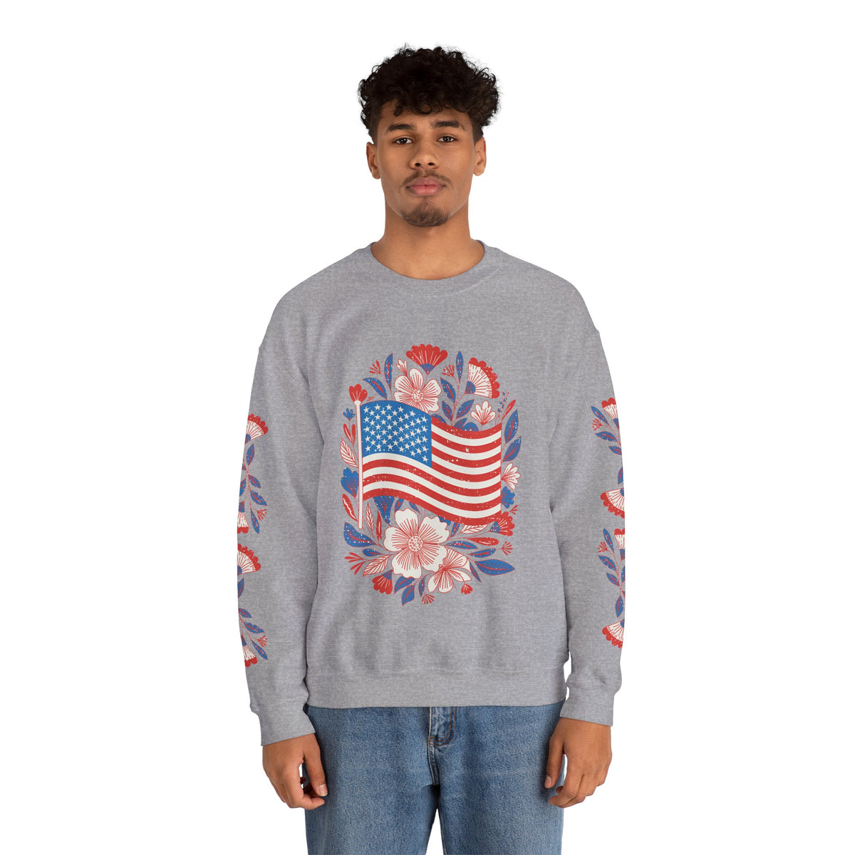 Floral American Flag Sweatshirt, Patriotic USA Pullover, Red White Blue Flower Top, Fourth of July Outfit, Americana Gift for Women