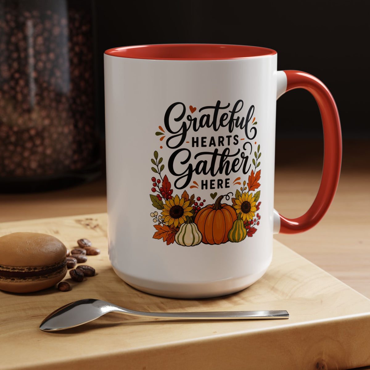 Grateful Hearts Gather Here Mug, Thanksgiving Pumpkin Coffee Cup, Rustic Fall Hostess Gift, Sunflower Harvest Kitchen Decor