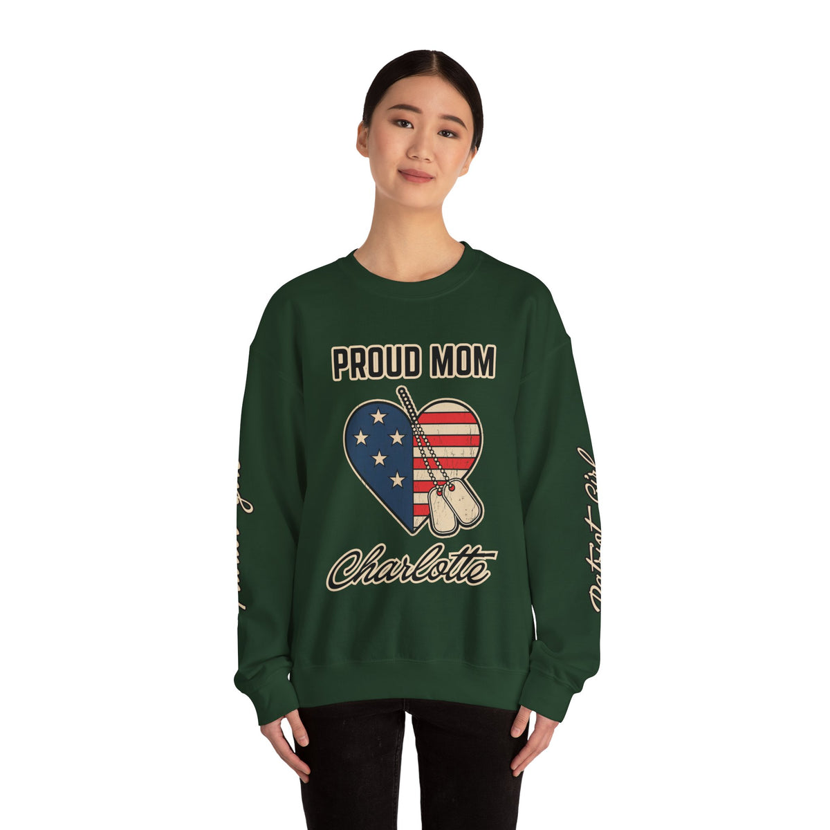 Personalized Proud Mom Sweatshirt, Custom Military Mom Pullover, American Flag Heart Crewneck, Military Mom Gift, Patriotic Mother Shirt