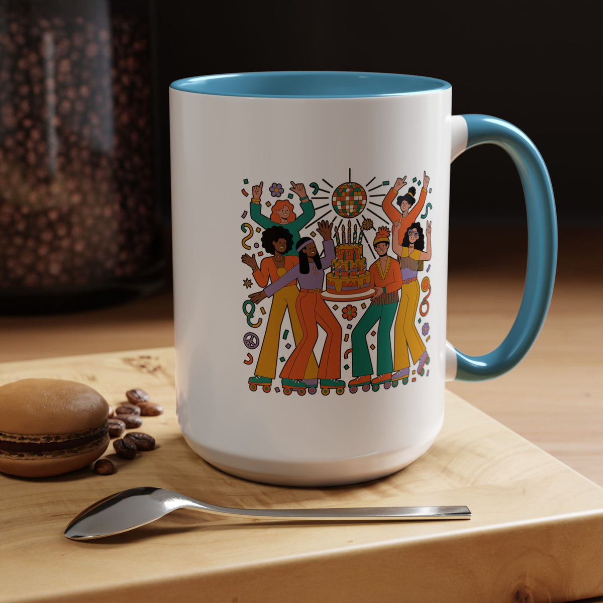 Retro Disco Birthday Coffee Mug, 70s Roller Skating Party Design, Groovy Gift for a Skater Friend Who Loves Colorful Nostalgic Drinkware