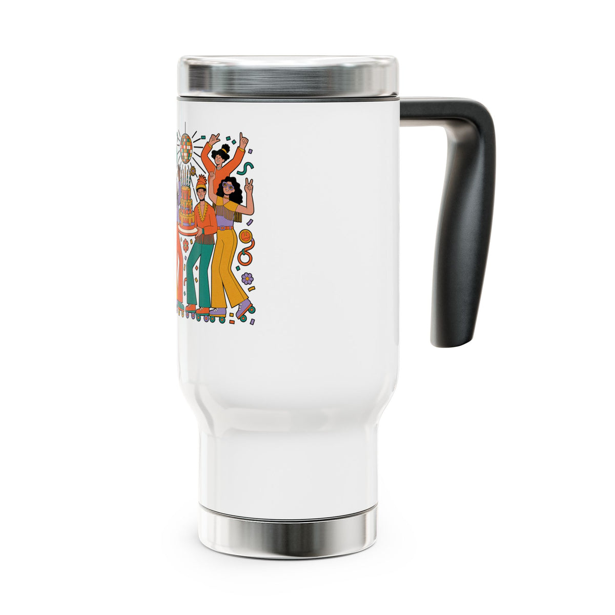 Retro Disco Birthday Travel Mug with Handle, 70s Roller Skating Party Design, Groovy Coffee Lover Gift for a Friend Who Loves Vintage Style