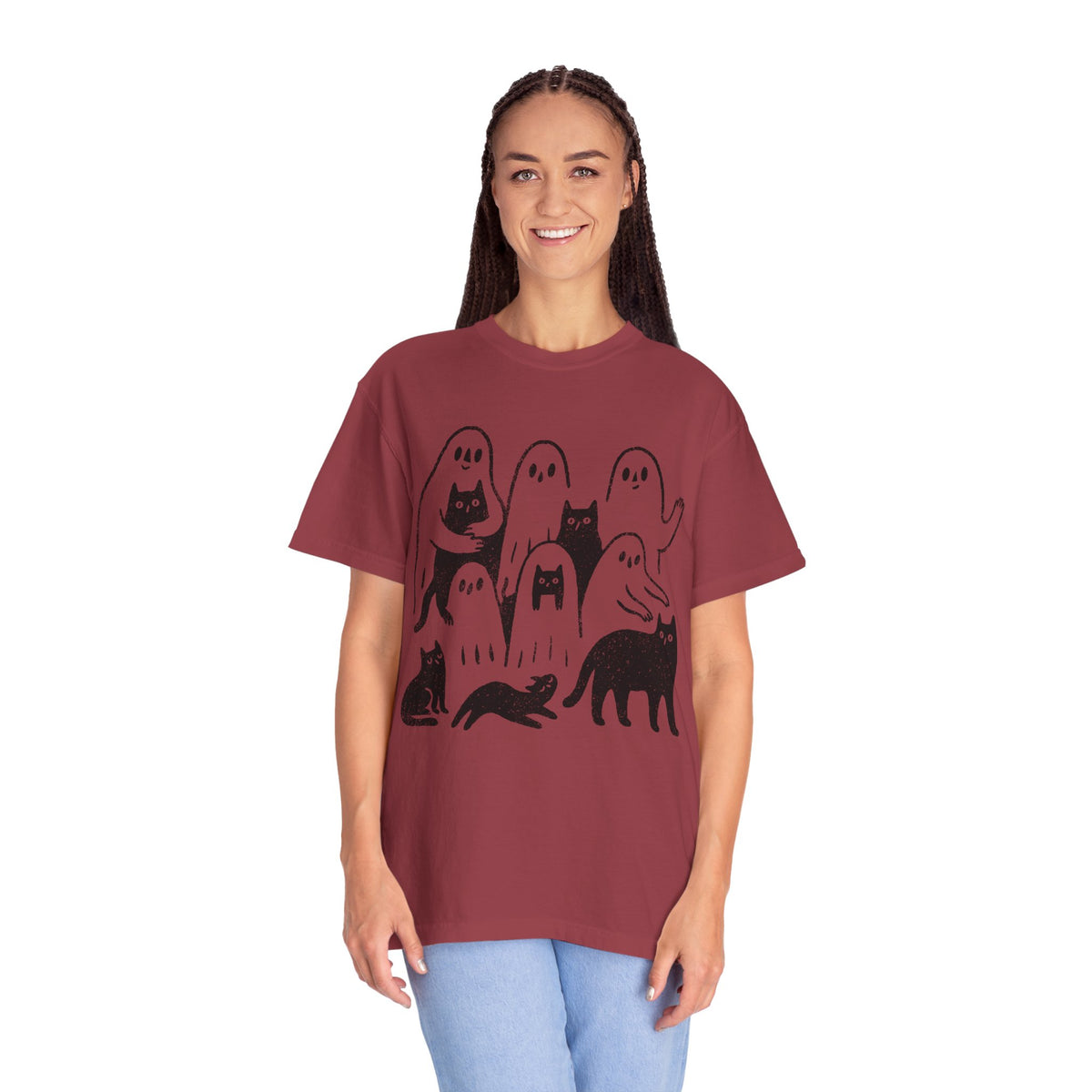 Ghost Cat Halloween Shirt, Cute Spooky Cats and Ghosts Graphic Tee, Cozy Pet Lover Gift, Minimal Black and White Fall Outfit for Women