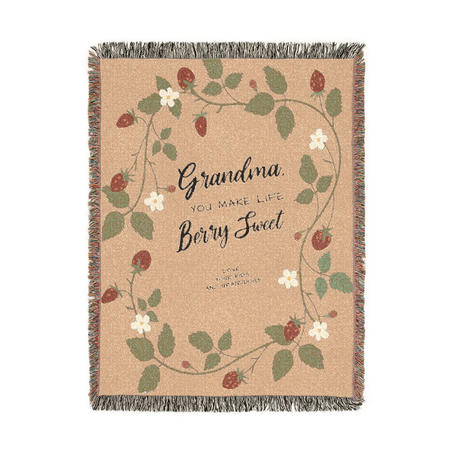 Grandma Berry Sweet Woven Blanket, Strawberry Floral Throw, Grandmother Gift, Cozy Cottagecore Decor, Personalized Family Keepsake