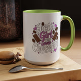 Chocolate Lover Coffee Mug, Just a Girl Who Loves Chocolate Quote, Purple Hearts and Cocoa Design, Sweet Birthday Gift for a Best Friend