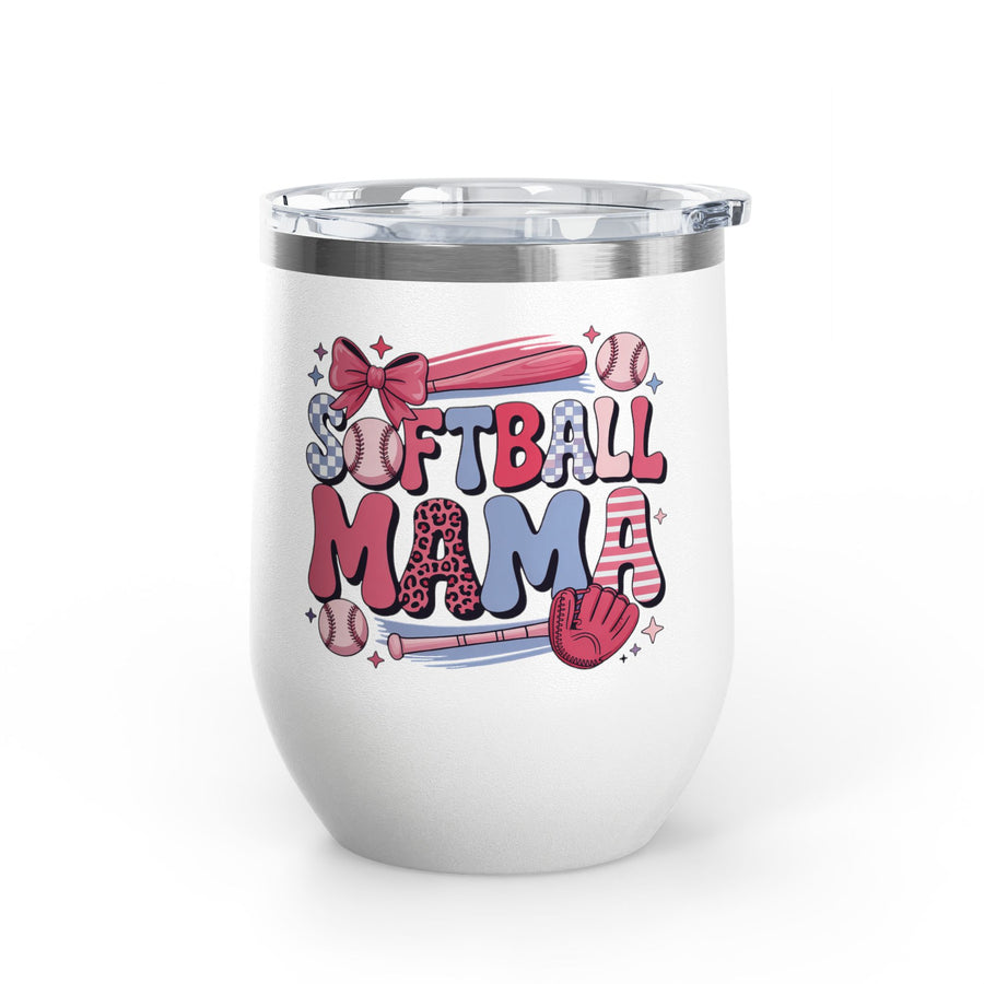 A white stainless steel wine tumbler with a clear push-on lid, printed with "SOFTBALL MAMA" in pink, blue and leopard-print lettering with a bow, softballs, bats and a glove.
