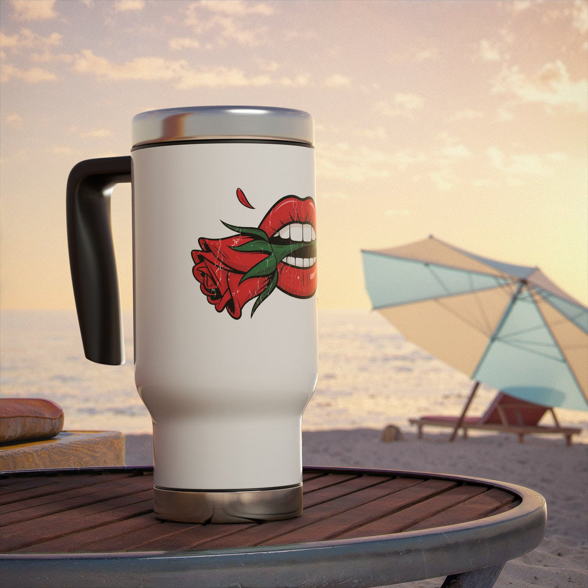 Red Lips and Rose Travel Mug, Gothic Romance Drinkware, Vintage Tattoo Style Gift for Her, Valentines Day Gift for Women