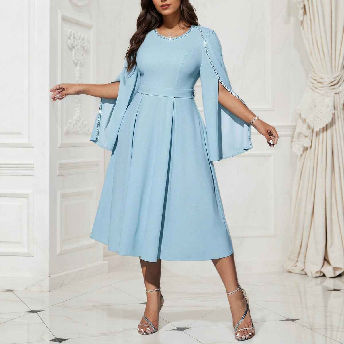 Plus Size Elegant Round Neck Solid Color Beaded Knee Length Dress