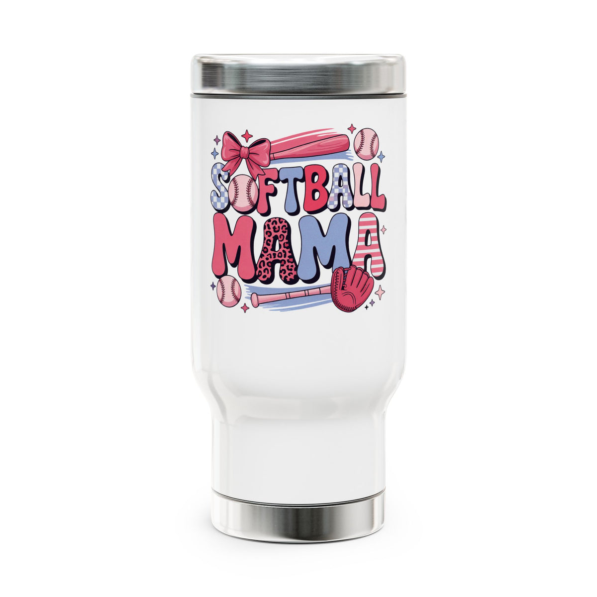 Softball Mama Travel Mug, Pink Baseball Mom Stainless Steel Cup, Cute Sports Mom Gift, Game Day Drinkware, Softball Season Gift for Women